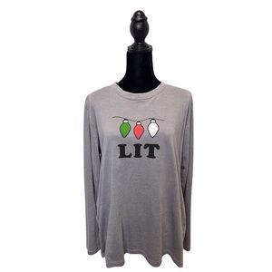 Women's Christmas Long Sleeve Top “LIT” Distressed Gray Light Bulbs Size-M EUC